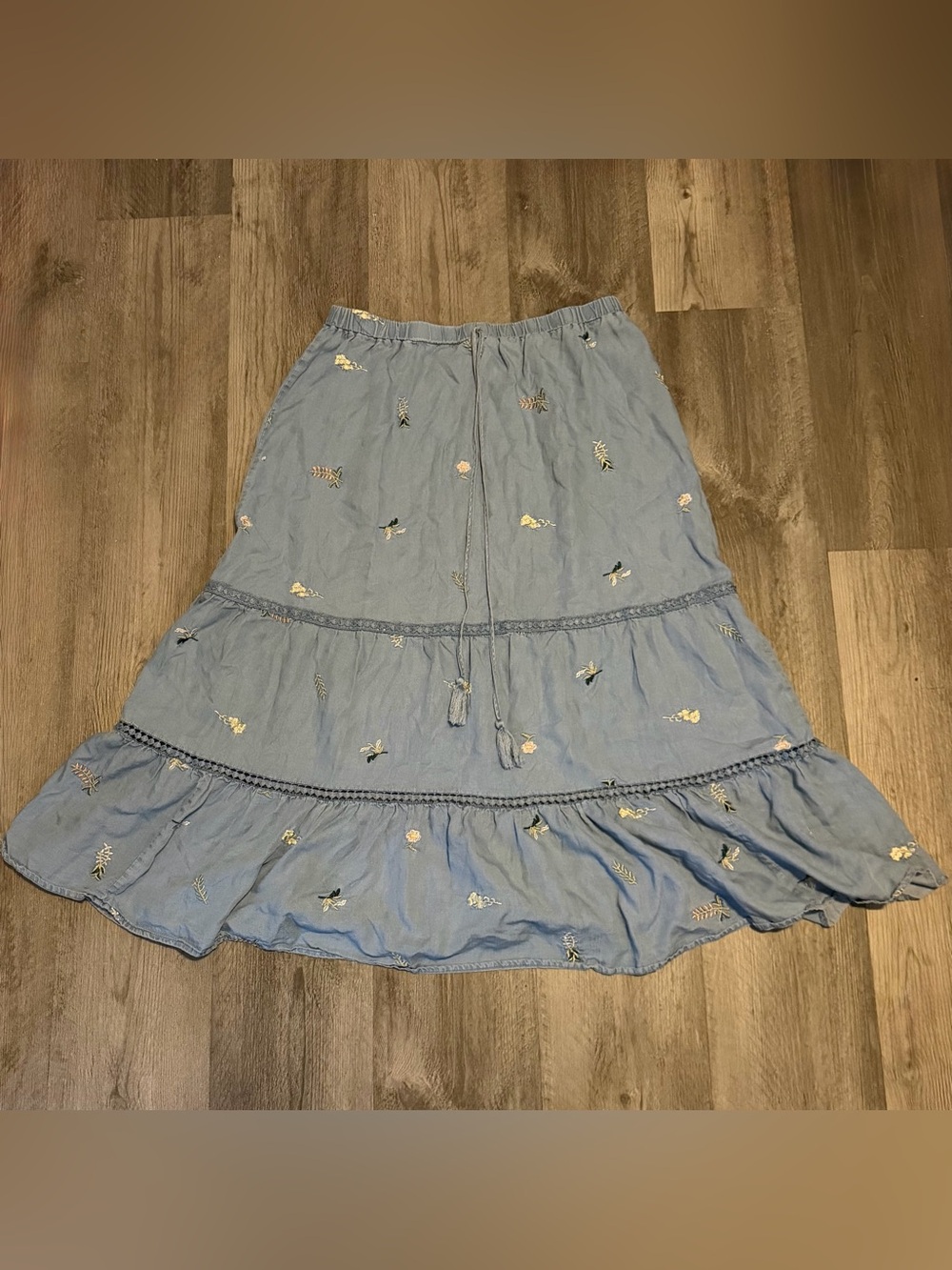Indigo Rose Boho Cottage Core Blue Floral Maxi Skirt